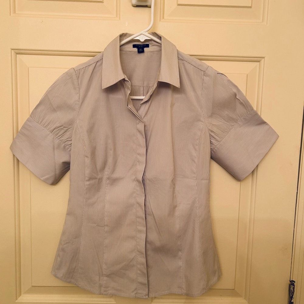Ann Taylor Petite White & Grey/Blue stripes shirt size - 4P